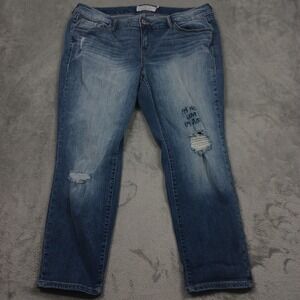 Torrid Jeans Womens 18 Blue Distressed Denim Embroidered‎ Quote Mid Rise Stretch